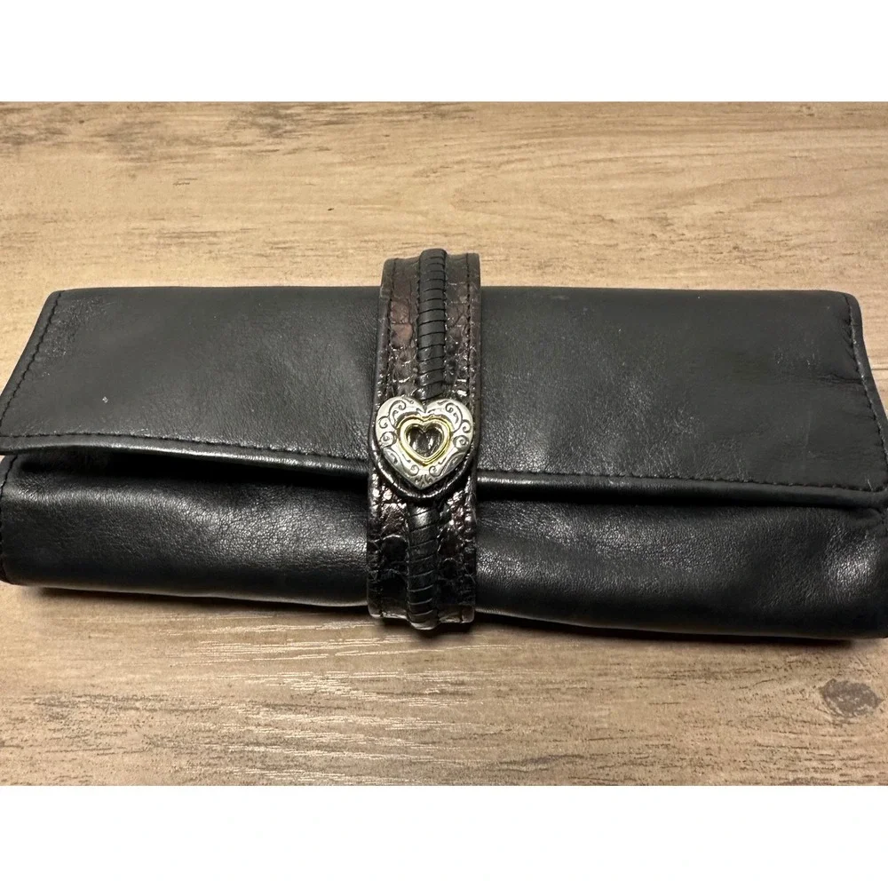 Brighton Black Leather Jewelry Organizer Roll Travel Heart‎ Charm Snap Closure